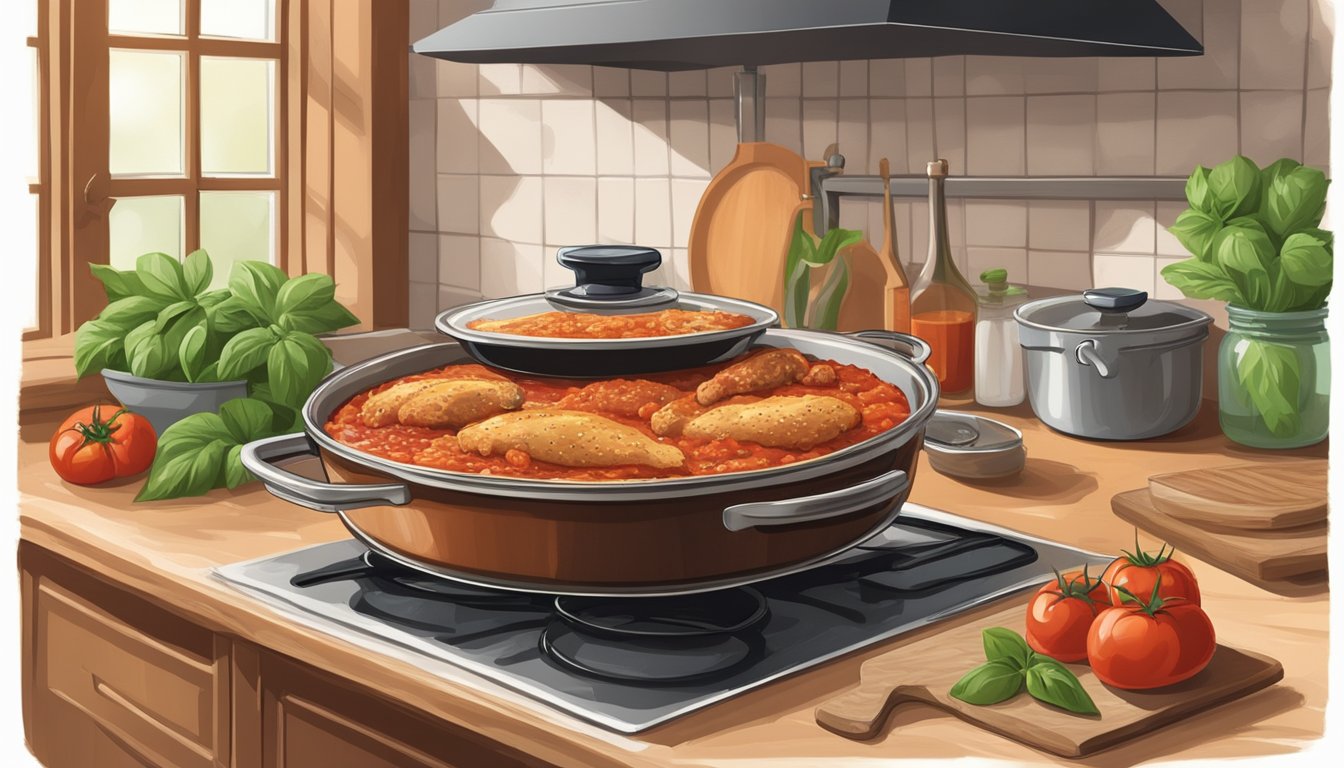 A rustic kitchen with a bubbling pot of tomato sauce, a golden-brown chicken parmesan baking in the oven, and a stack of fresh basil leaves on the counter