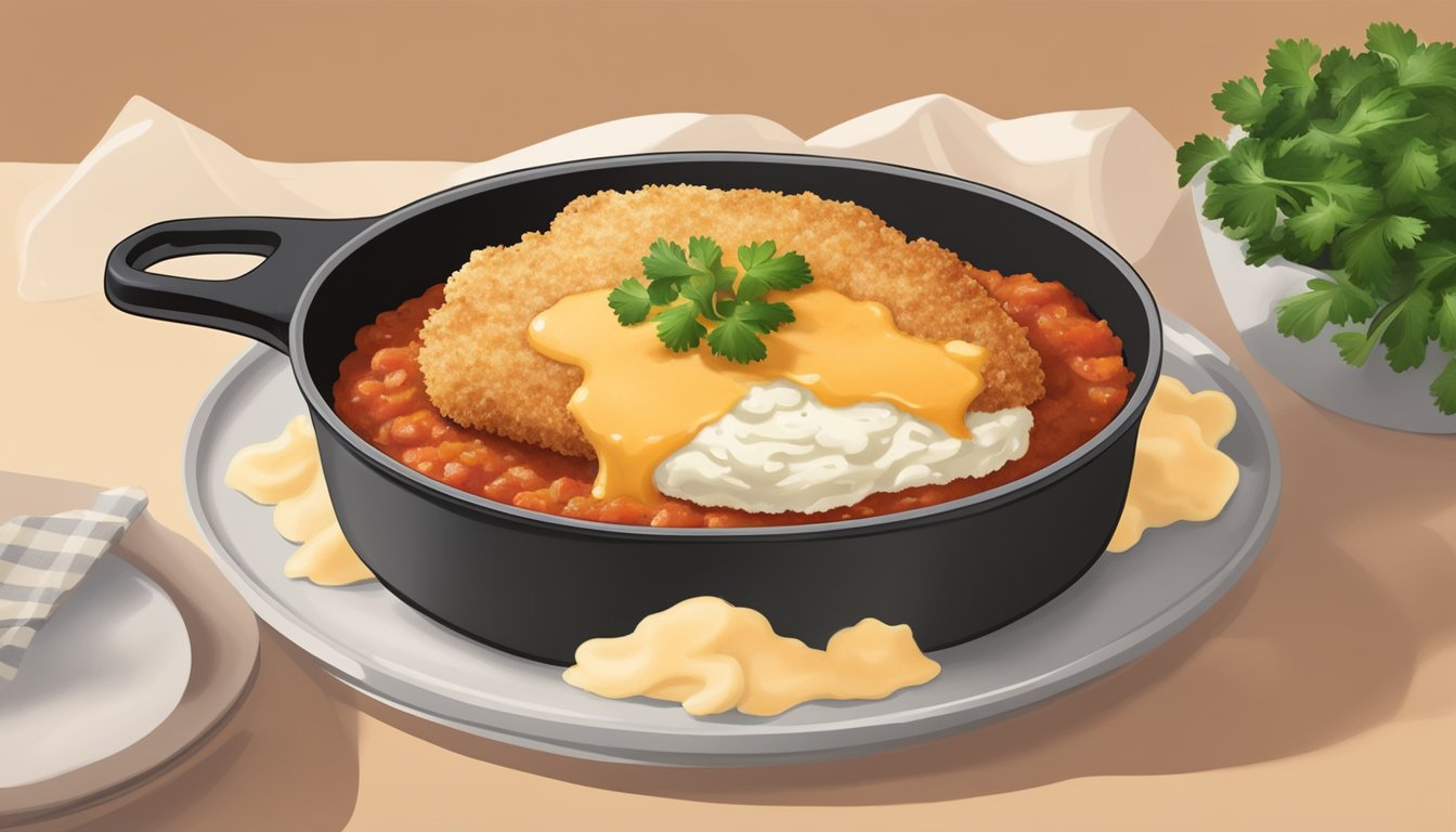 A sizzling skillet of breaded chicken topped with marinara and melted cheese, surrounded by a side of creamy mashed potatoes and a sprinkle of fresh parsley