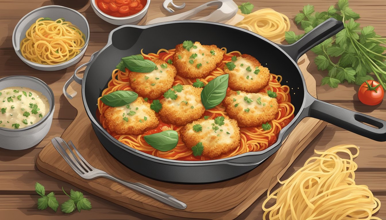 A rustic kitchen with a sizzling skillet of breaded chicken topped with marinara and melted cheese, surrounded by fresh herbs and a side of spaghetti