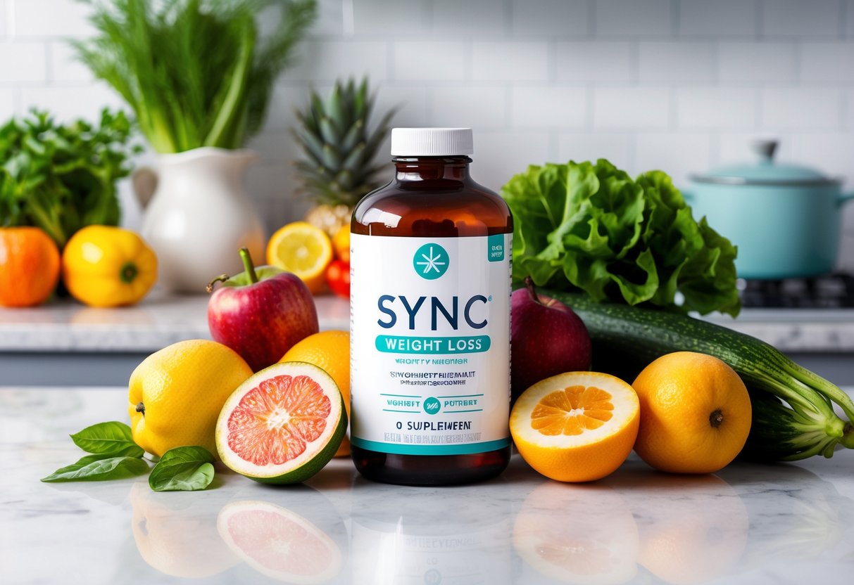 A bottle of Sync Weight Loss Supplement surrounded by fresh fruits and vegetables on a kitchen counter