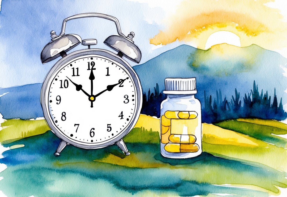 A clock with hands pointing to specific times, a pill bottle, and a natural landscape with changing light and shadows