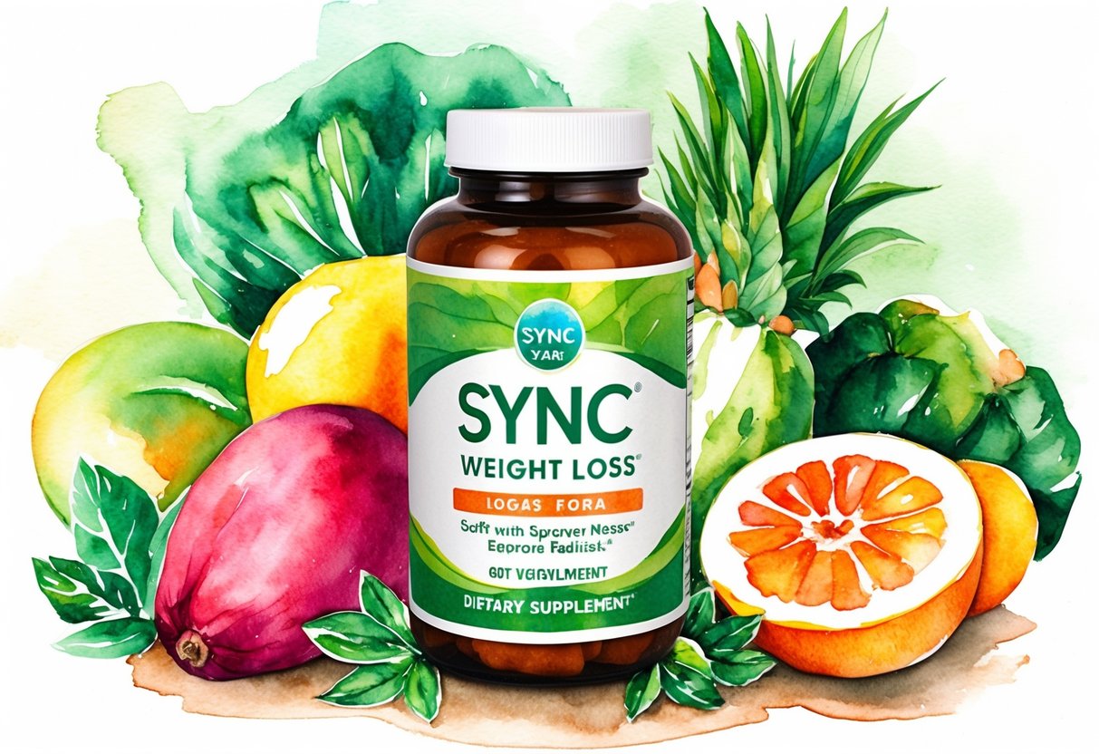 A bottle of Sync Sync Weight Loss Supplement surrounded by fresh fruits and vegetables