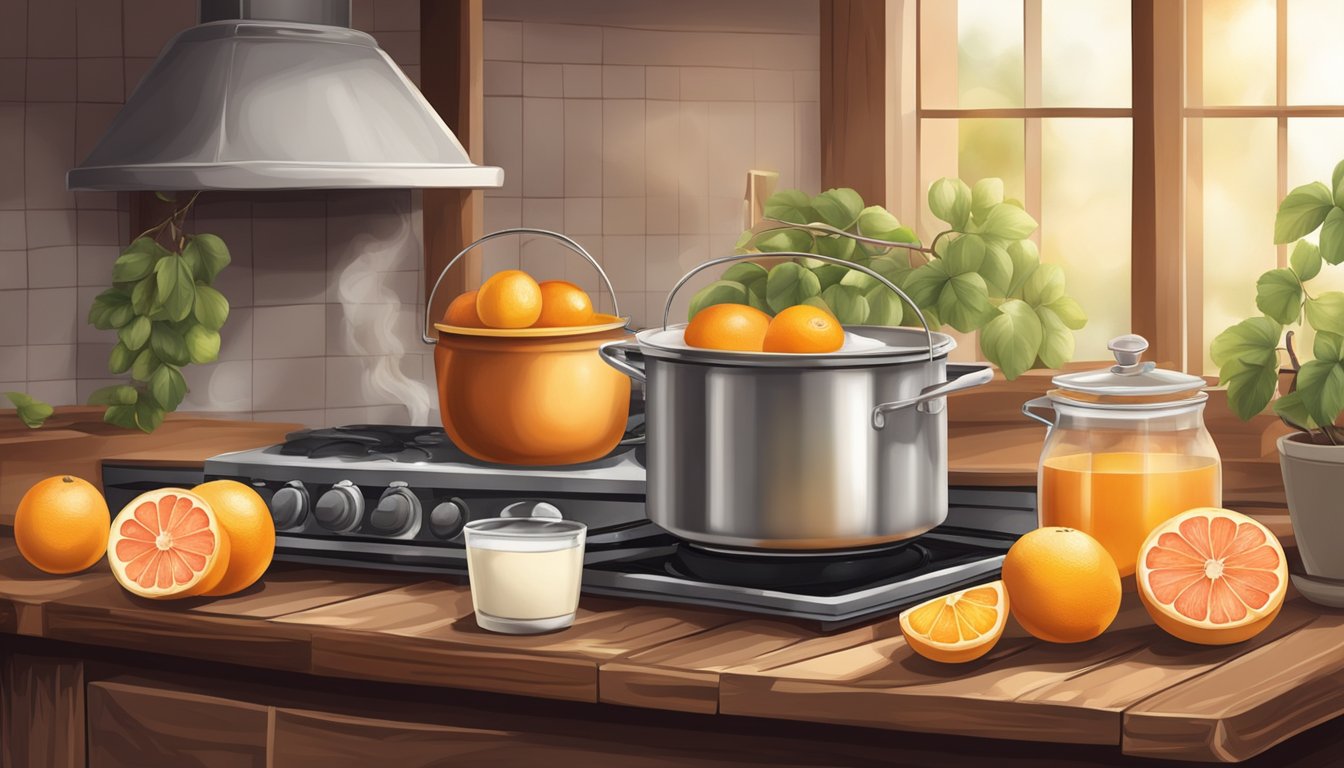 A rustic kitchen with a wooden table set with grapefruits, cream, and sugar. A pot simmers on the stove, filling the room with a sweet citrus aroma