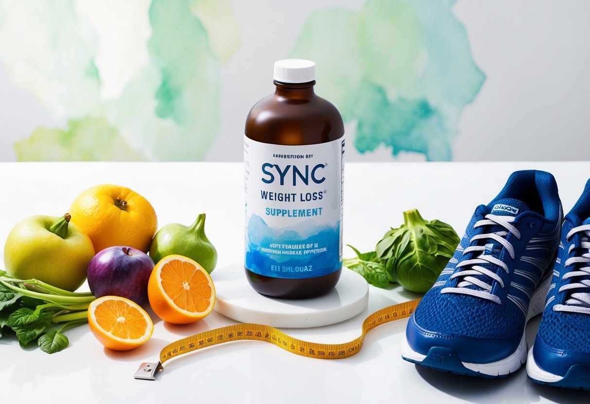 A bottle of Sync Weight Loss Supplement sits on a clean, white surface surrounded by fresh fruits and vegetables. A measuring tape and a pair of running shoes are placed nearby