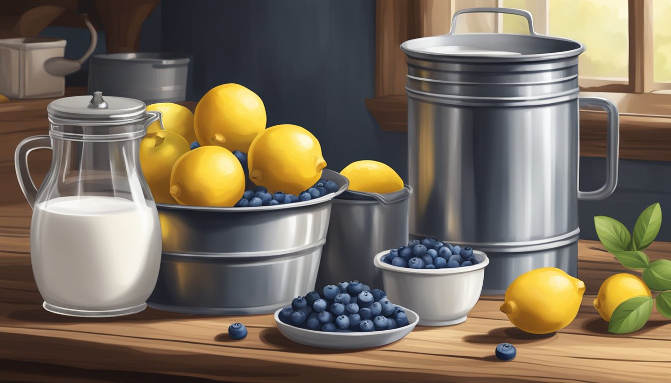 A rustic kitchen with a vintage flour sifter, fresh blueberries, lemons, and a tub of yogurt on a wooden table