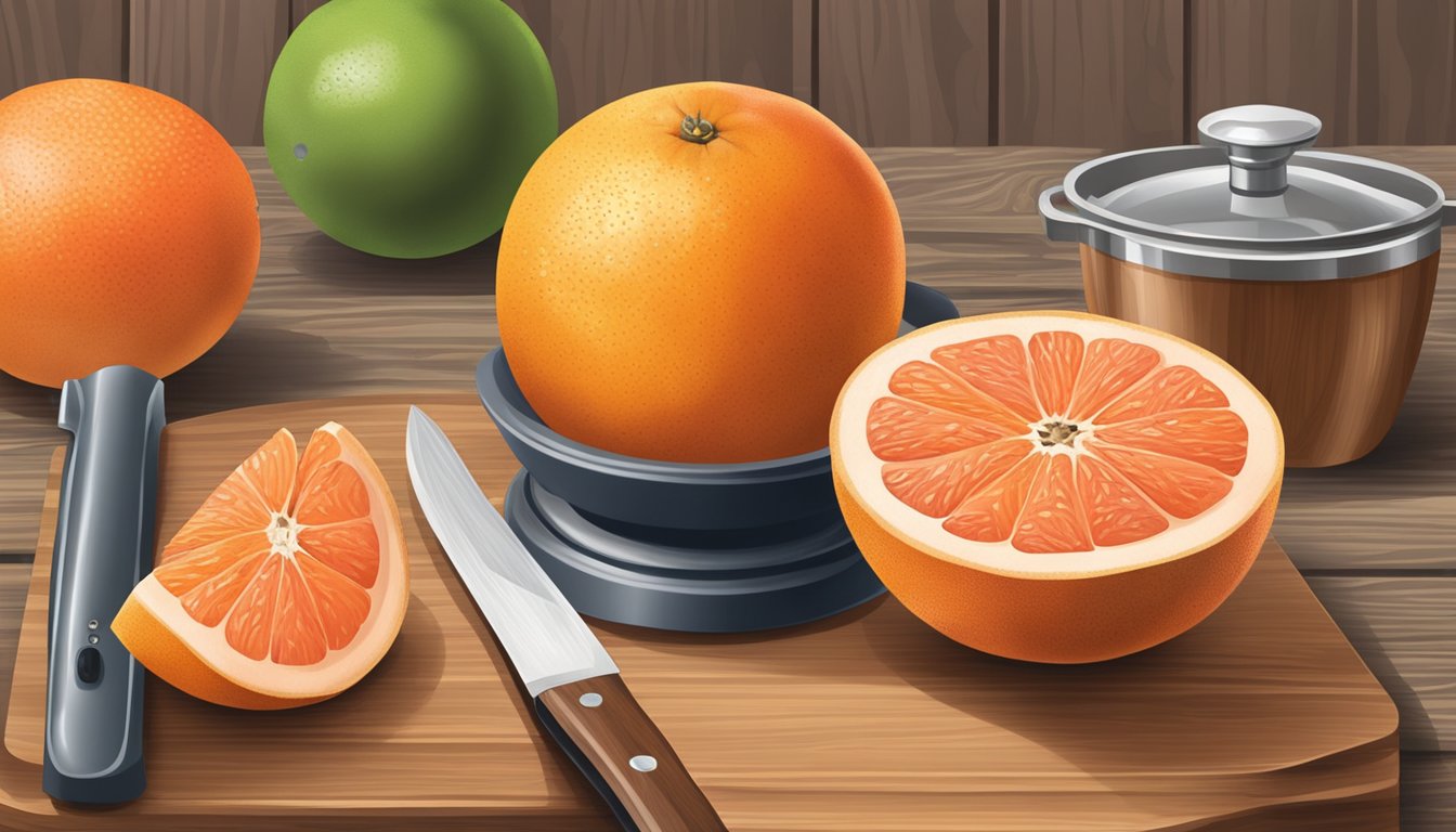 Fresh grapefruits, a wooden cutting board, a sharp knife, and a juicer on a rustic kitchen counter