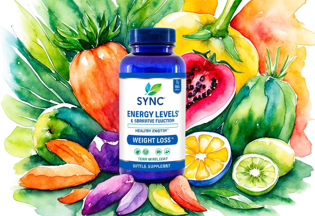 A bottle of Energy Levels and Cognitive Function Sync Weight Loss Supplement surrounded by vibrant, healthy fruits and vegetables