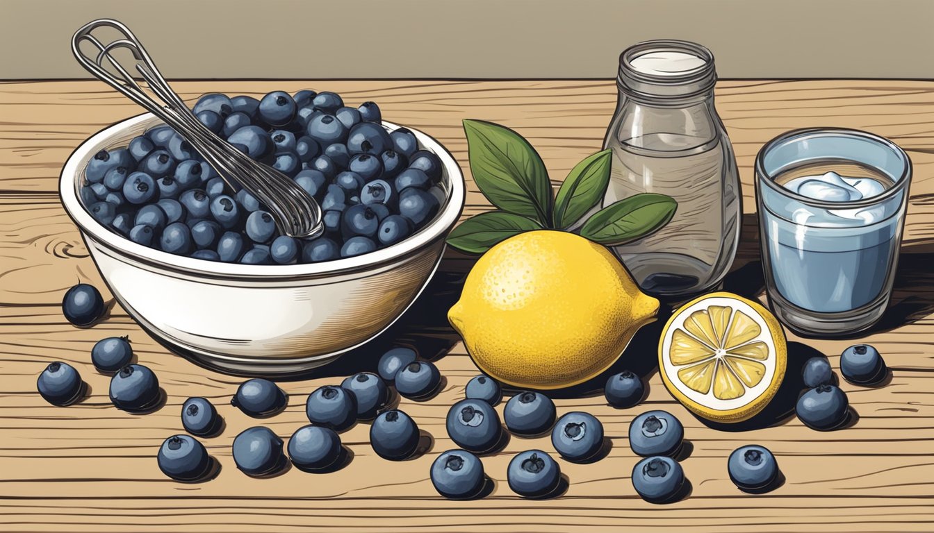 A rustic wooden table with scattered fresh blueberries, lemons, and a bowl of creamy yogurt. A vintage mixing bowl and a whisk sit ready for action