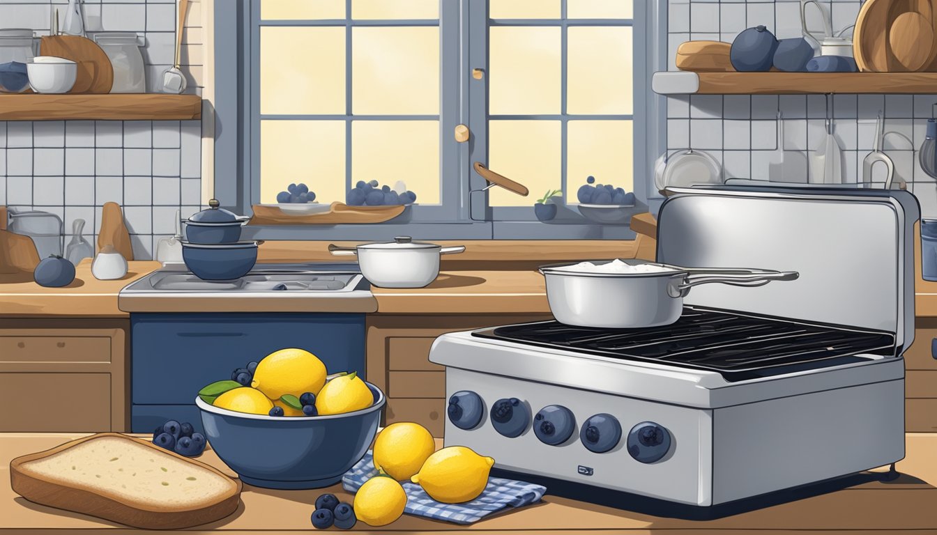 A rustic kitchen with a vintage oven, mixing bowls, fresh blueberries, lemons, and a loaf of blueberry lemon yogurt bread cooling on a wire rack