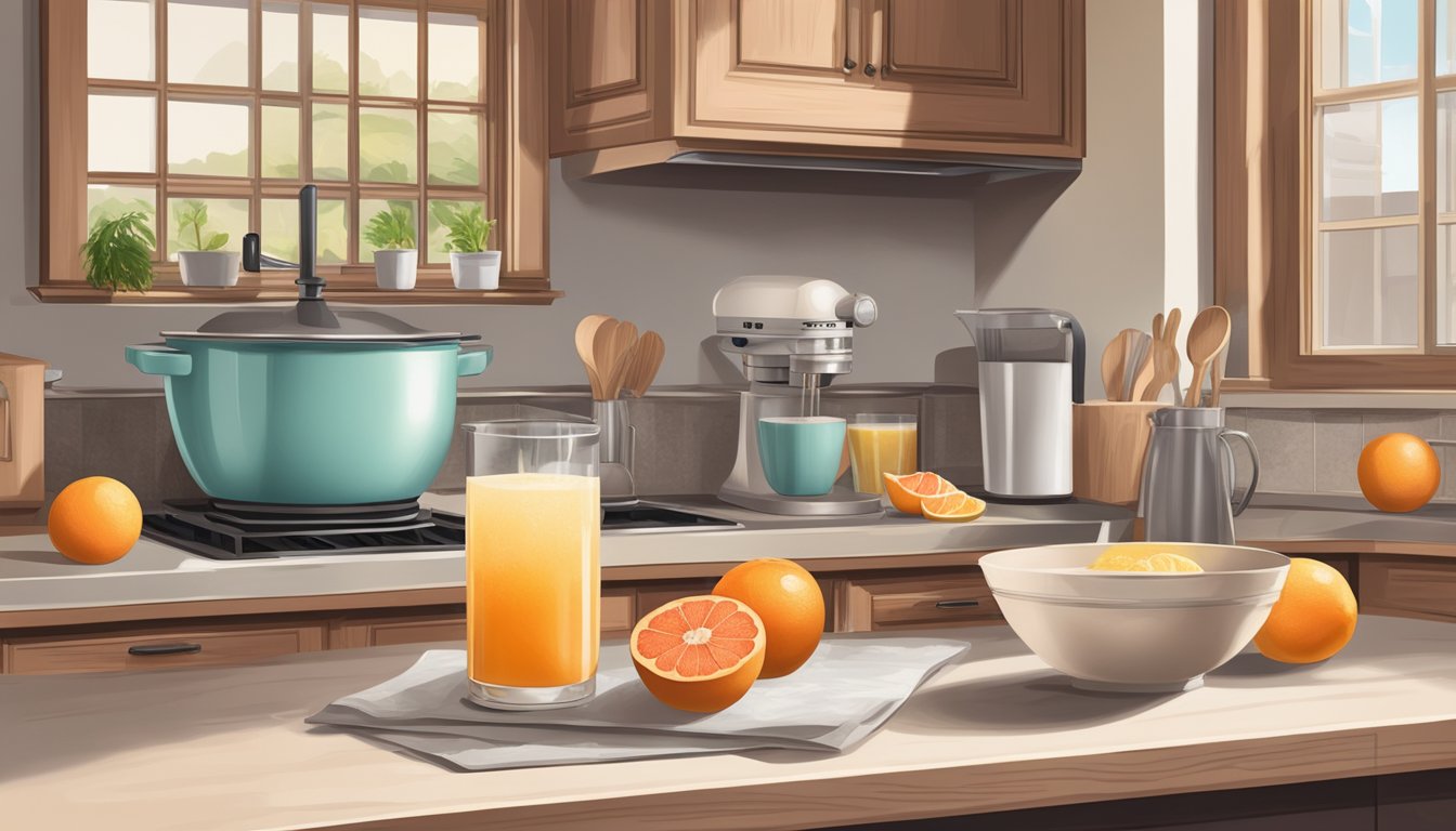 A rustic kitchen with a large mixing bowl, a wooden spoon, and freshly squeezed grapefruit juice on a countertop