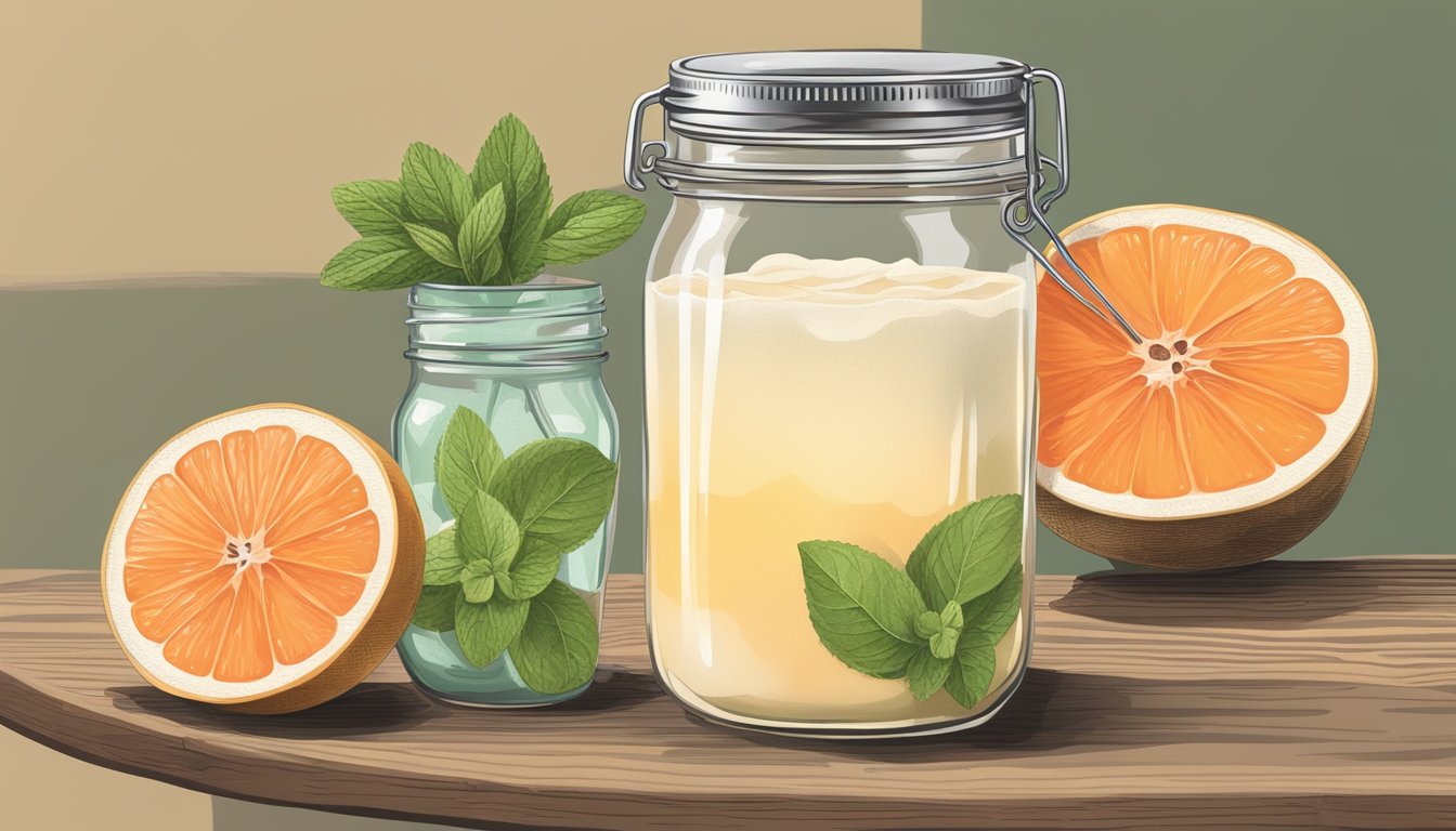 A rustic wooden table with a Texas-style grapefruit posset served in a mason jar, garnished with a slice of grapefruit and a sprig of mint