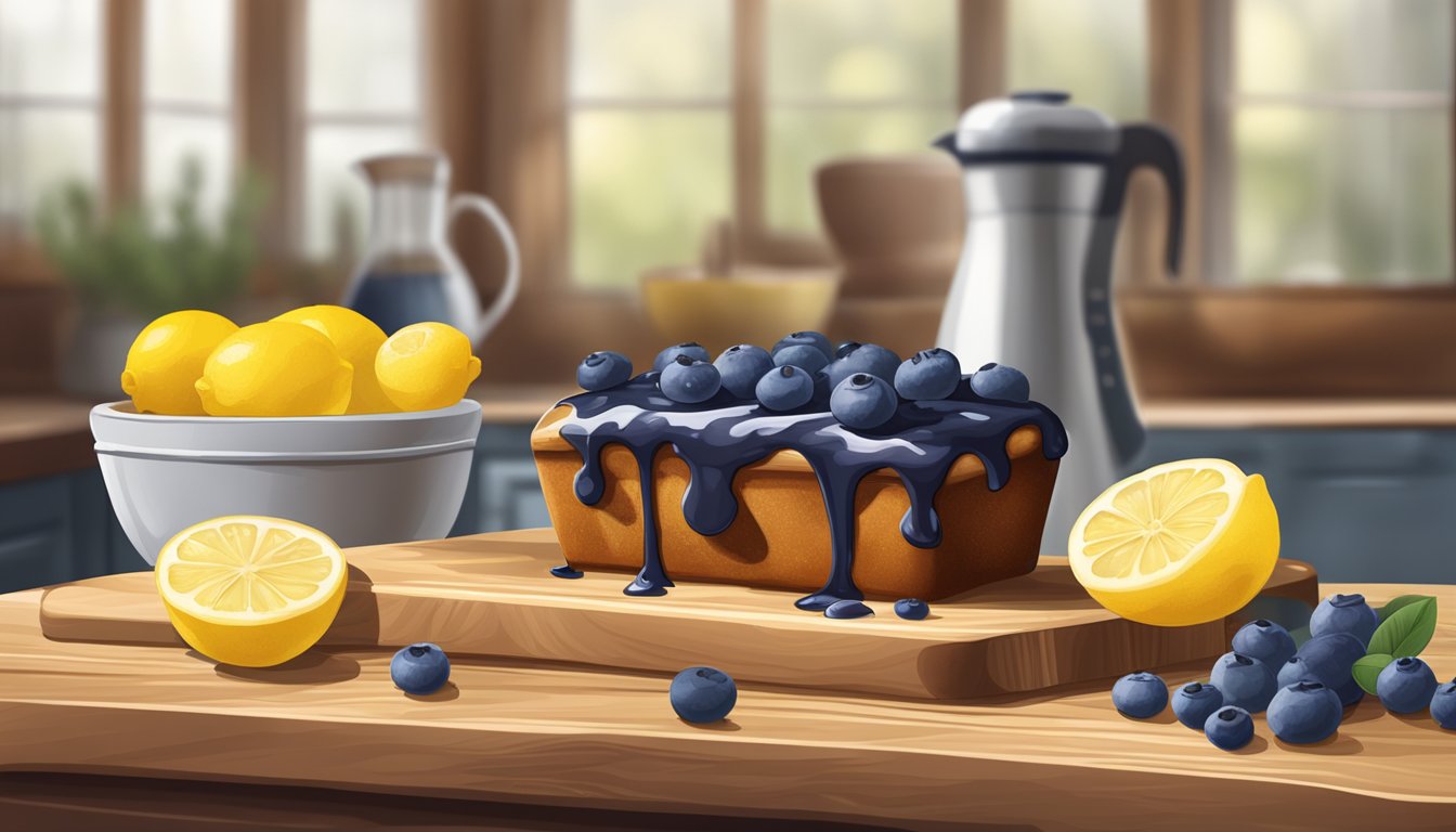 A rustic kitchen scene with a freshly baked blueberry lemon yogurt loaf drizzled with lemon glaze and syrup on a wooden cutting board