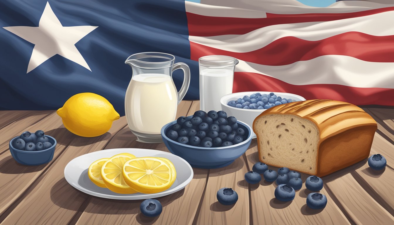 A rustic wooden table with a Texas flag tablecloth holds a loaf of blueberry lemon yogurt bread, surrounded by fresh blueberries and lemons