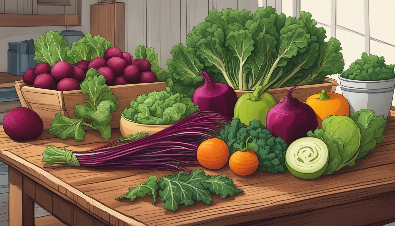 A rustic wooden table holds a colorful array of fresh kale, beets, and other vibrant ingredients for a Texas-style chopped salad