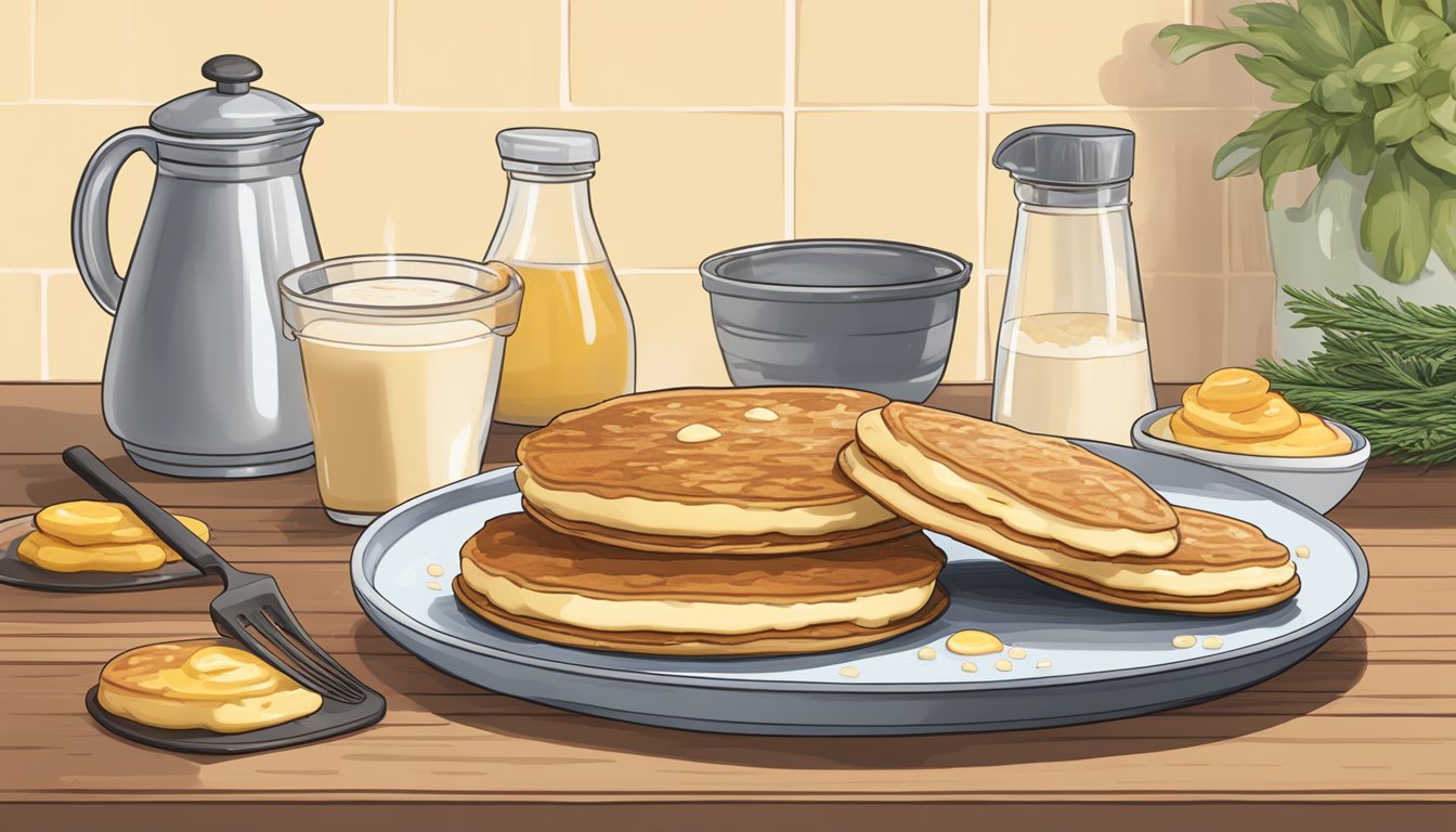 A sizzling griddle with mini buttermilk griddlecakes cooking, surrounded by a bowl of batter, a jug of buttermilk, and a stack of plates