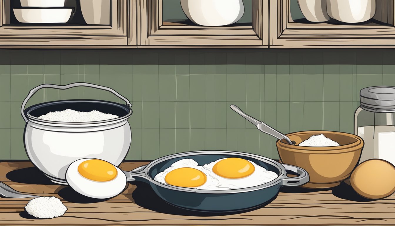 A rustic kitchen counter with a mixing bowl, buttermilk, eggs, flour, and a cast iron griddle