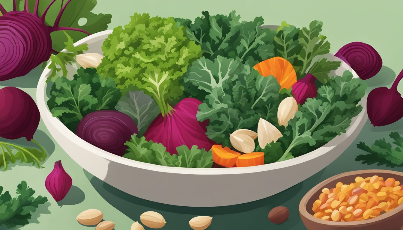 A colorful assortment of chopped kale, beets, and other fresh vegetables arranged in a bowl, surrounded by vibrant green leaves and a sprinkling of nuts and seeds