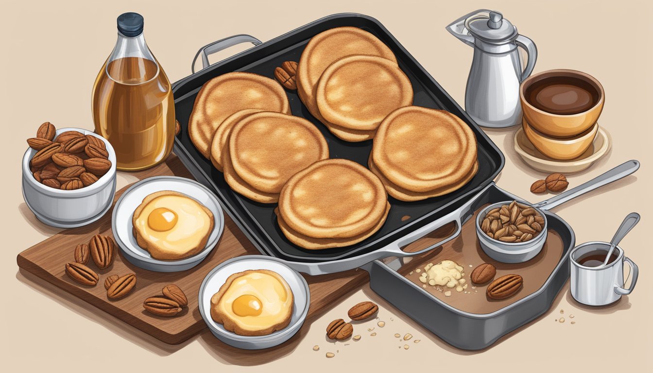 A sizzling griddle with mini buttermilk griddlecakes cooking, surrounded by Texas-style ingredients like pecans and maple syrup