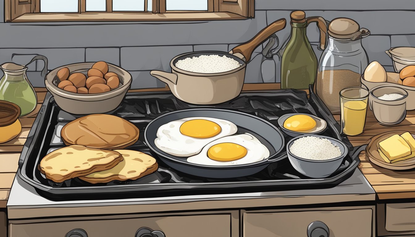 A rustic kitchen with a cast iron griddle on a stove, surrounded by ingredients like buttermilk, flour, and eggs. A small bowl of melted butter sits nearby