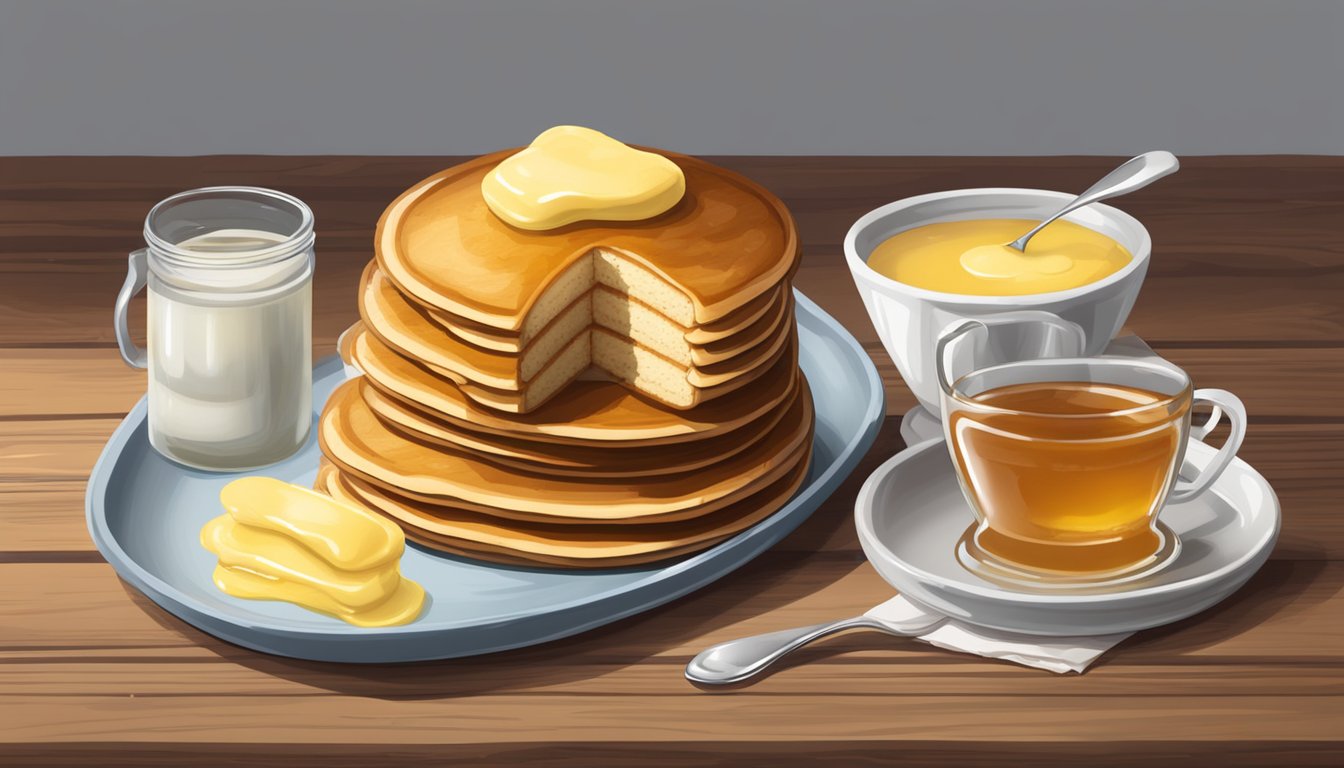 A rustic wooden table set with a stack of mini buttermilk griddlecakes, a dollop of butter, and a drizzle of maple syrup