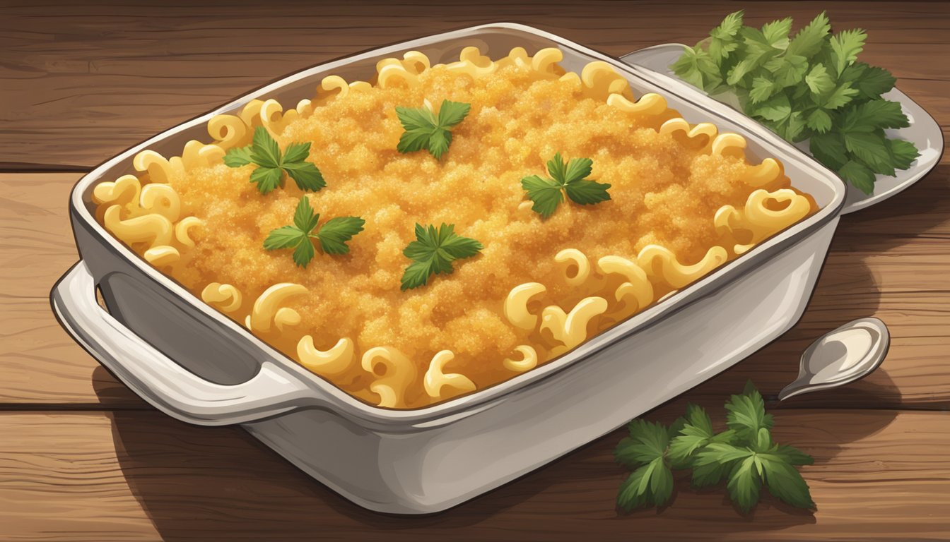 A bubbling casserole dish of golden brown Texas-style mac and cheese, topped with crispy breadcrumbs and fresh herbs, sitting on a rustic wooden table