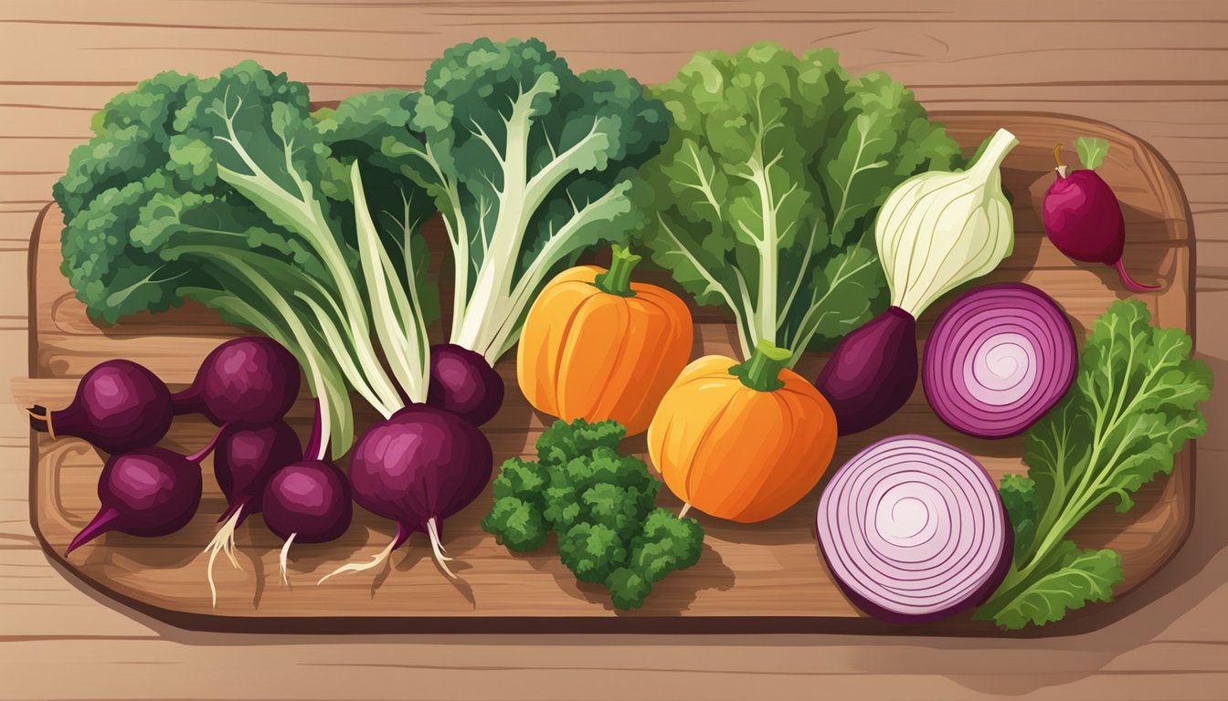 A rustic wooden cutting board with fresh kale, beets, and other colorful vegetables arranged neatly for chopping