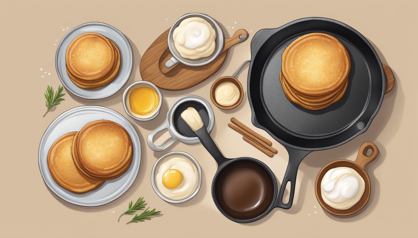 A rustic kitchen with a skillet sizzling mini buttermilk griddlecakes, surrounded by ingredients like buttermilk, flour, and maple syrup