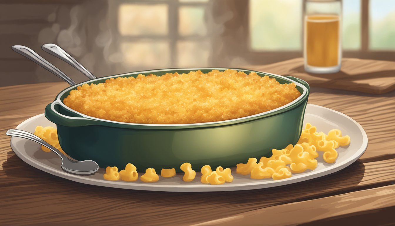 A bubbling casserole dish of golden brown mac n cheese, topped with crispy breadcrumbs, sits on a rustic wooden table