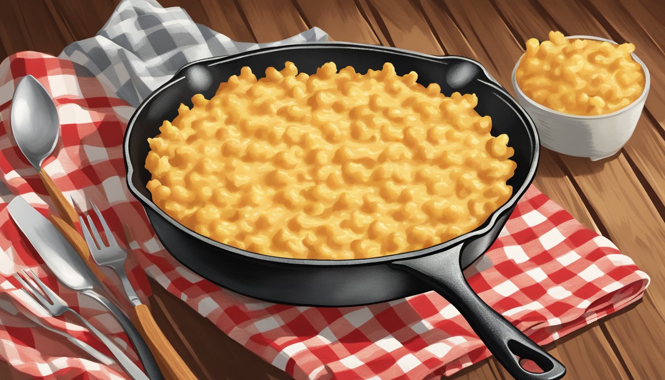 A steaming cast iron skillet of golden brown baked mac n cheese sits on a rustic wooden table, surrounded by a scattering of red and white checkered napkins