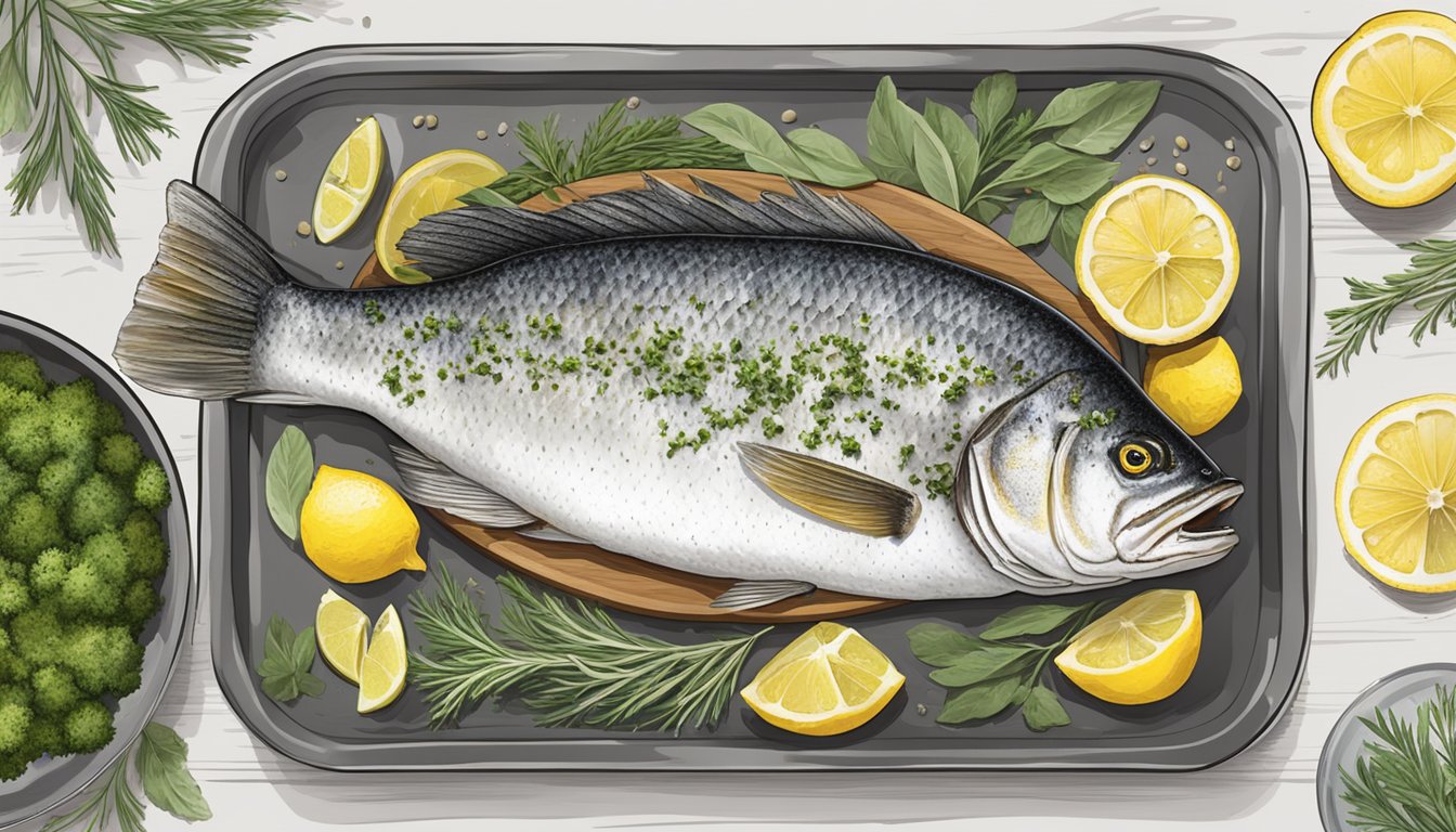 A large whole sea bass surrounded by Texas-style seasonings and herbs, placed on a baking tray with a slice of lemon on top