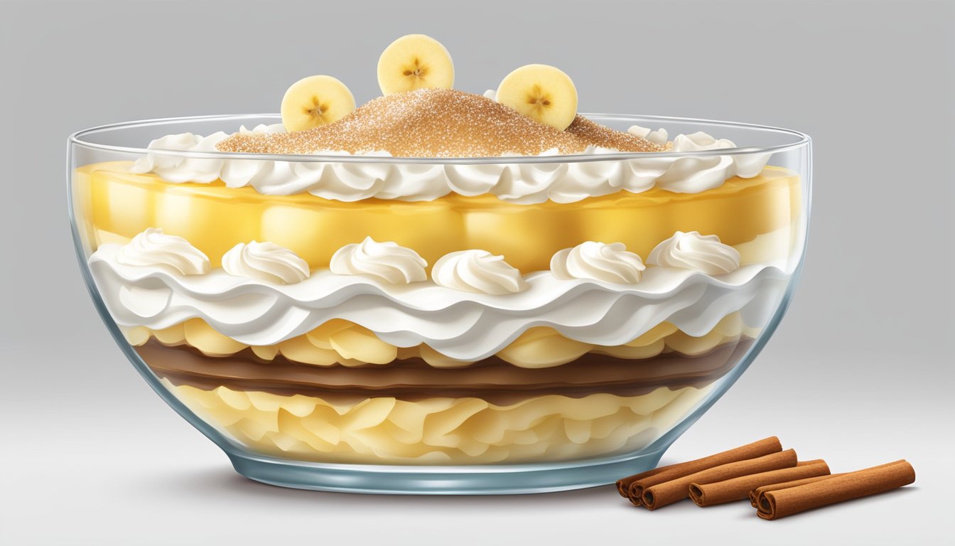 A glass bowl filled with layers of vanilla wafers, sliced bananas, and creamy pudding, topped with a dollop of whipped cream and a sprinkle of cinnamon