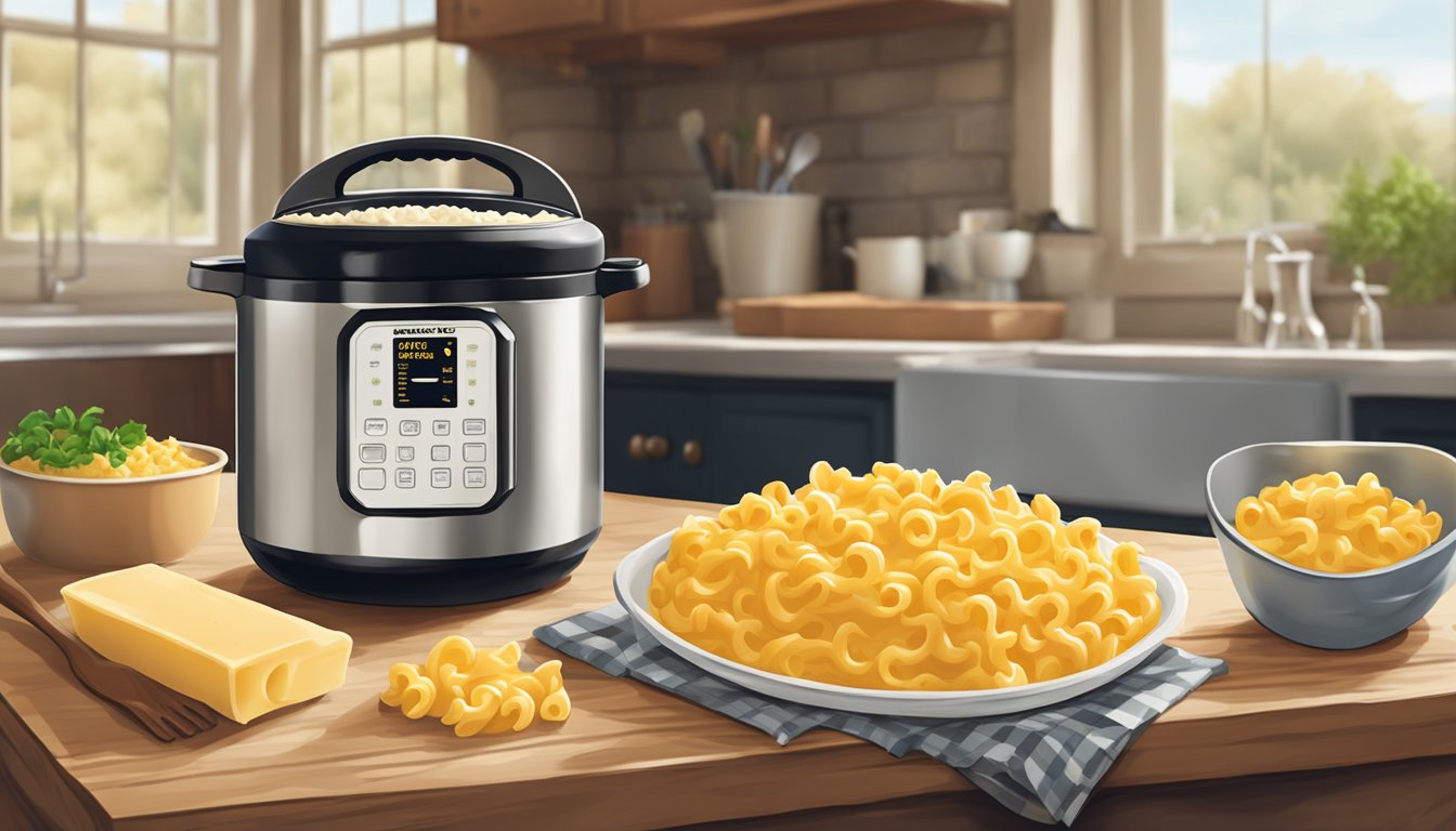 A bubbling pot of creamy mac n cheese next to a boxed mac n cheese on a rustic kitchen counter