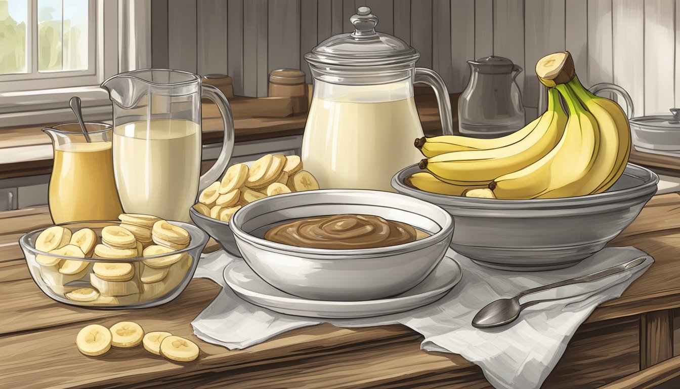 A rustic kitchen table with a mixing bowl, bananas, vanilla wafers, and a pitcher of creamy pudding