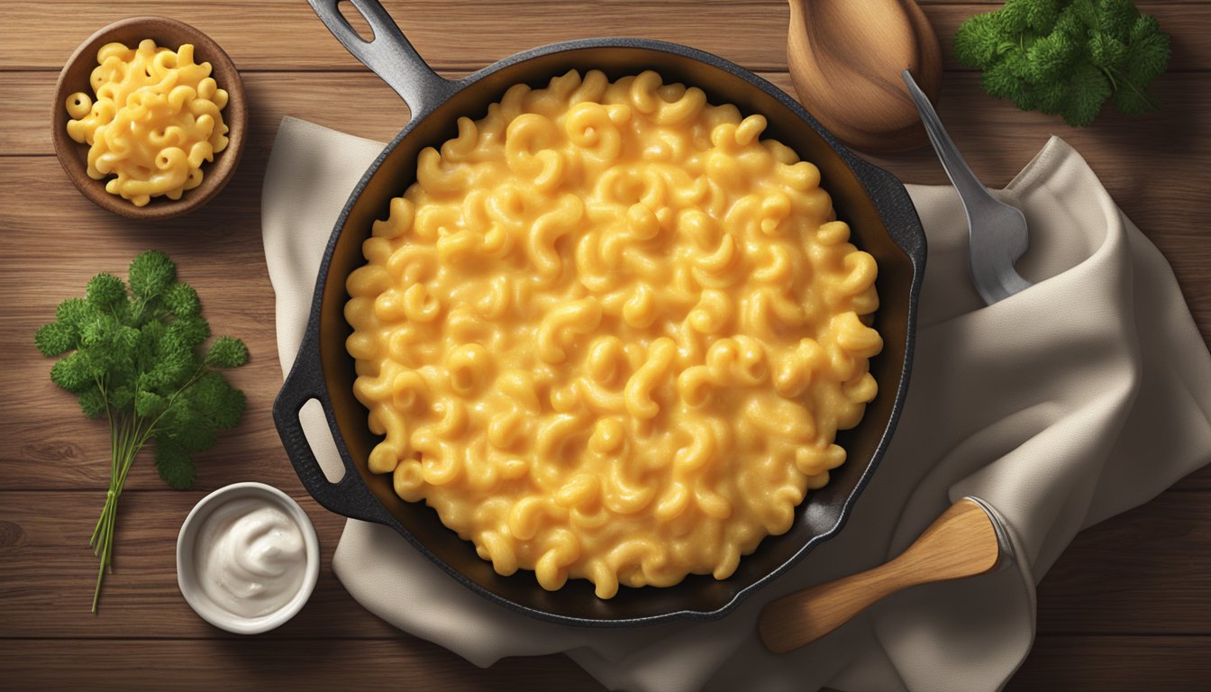 A bubbling cast iron skillet of creamy macaroni and cheese, topped with a crispy golden crust, sits on a rustic wooden table