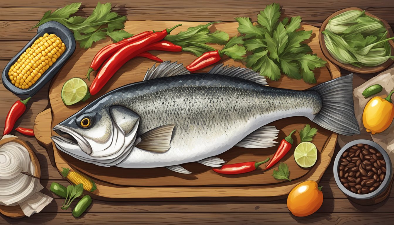 A whole baked seabass surrounded by Texas-style ingredients like chili peppers, corn, and black beans on a rustic wooden table