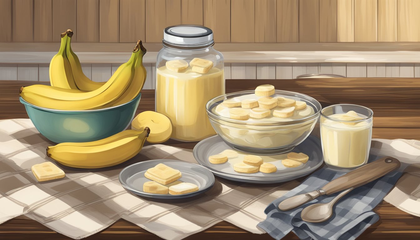 A rustic kitchen table with a checkered tablecloth, a large glass dish of creamy banana pudding, a jar of vanilla wafers, and a vintage whisk