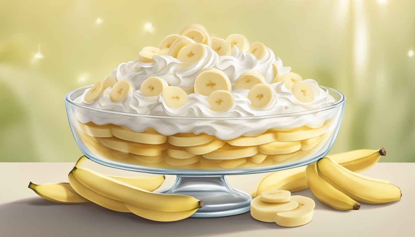 A glass dish of creamy banana pudding topped with vanilla wafers, surrounded by layers of sliced bananas and whipped cream