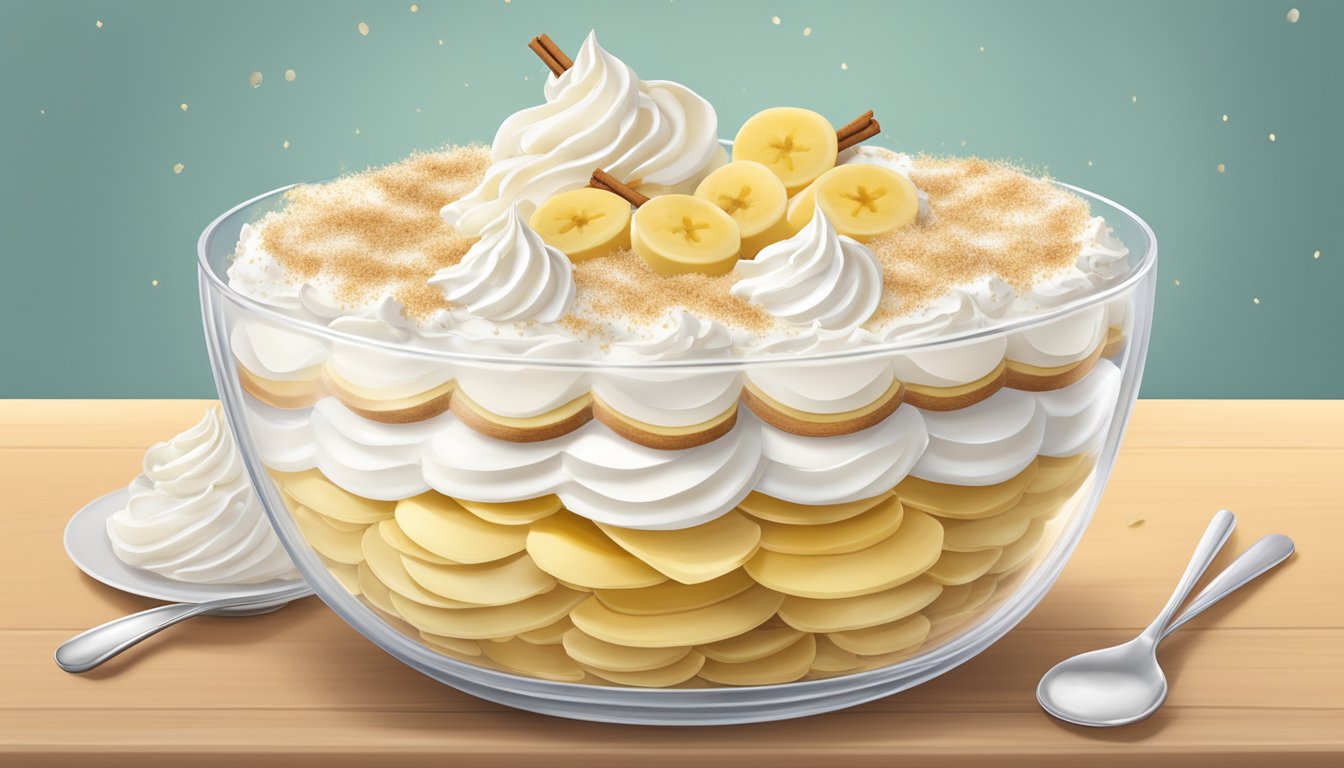 A large glass bowl filled with layers of vanilla wafers, sliced bananas, and creamy custard, topped with whipped cream and a sprinkle of cinnamon