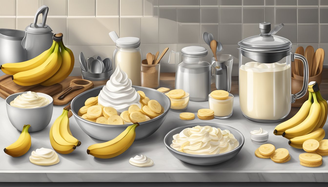 A rustic kitchen counter with bowls of sliced bananas, whipped cream, and vanilla wafers, surrounded by ingredients and utensils for making meringue