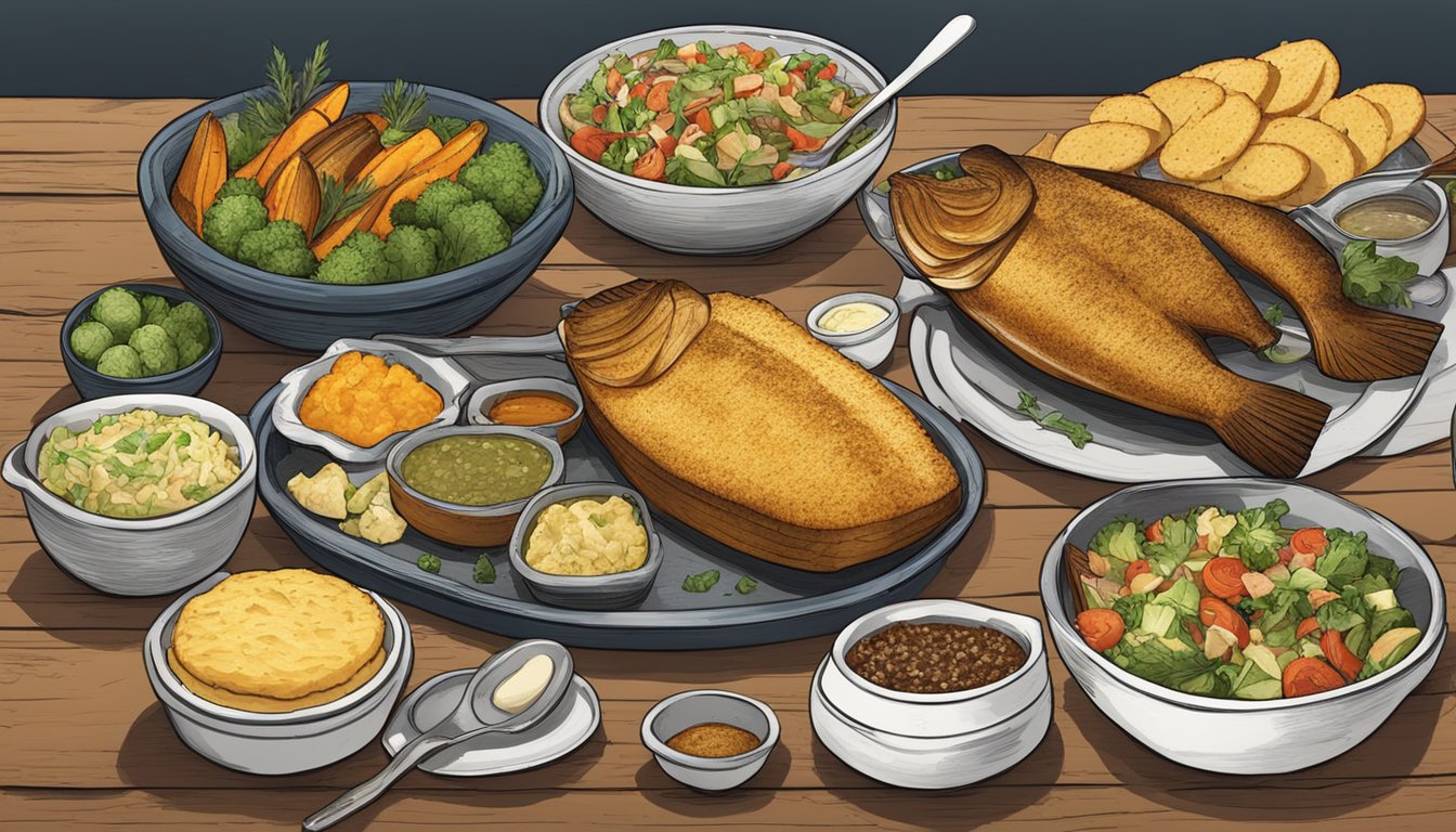 A rustic table set with a whole baked seabass, surrounded by Texan-inspired sides like cornbread, coleslaw, and grilled vegetables