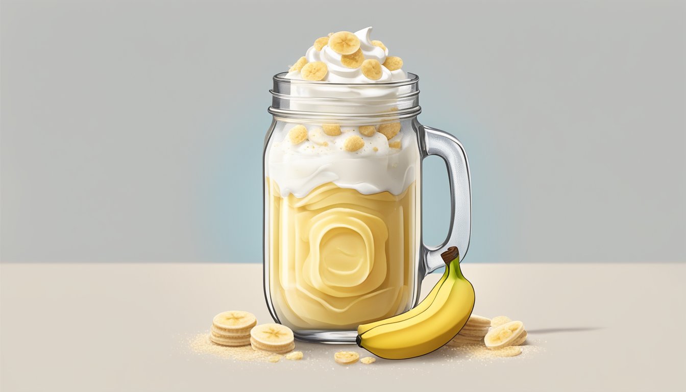 A mason jar filled with creamy banana pudding topped with a dollop of whipped cream, sprinkled with crumbled vanilla wafers, and garnished with a banana slice