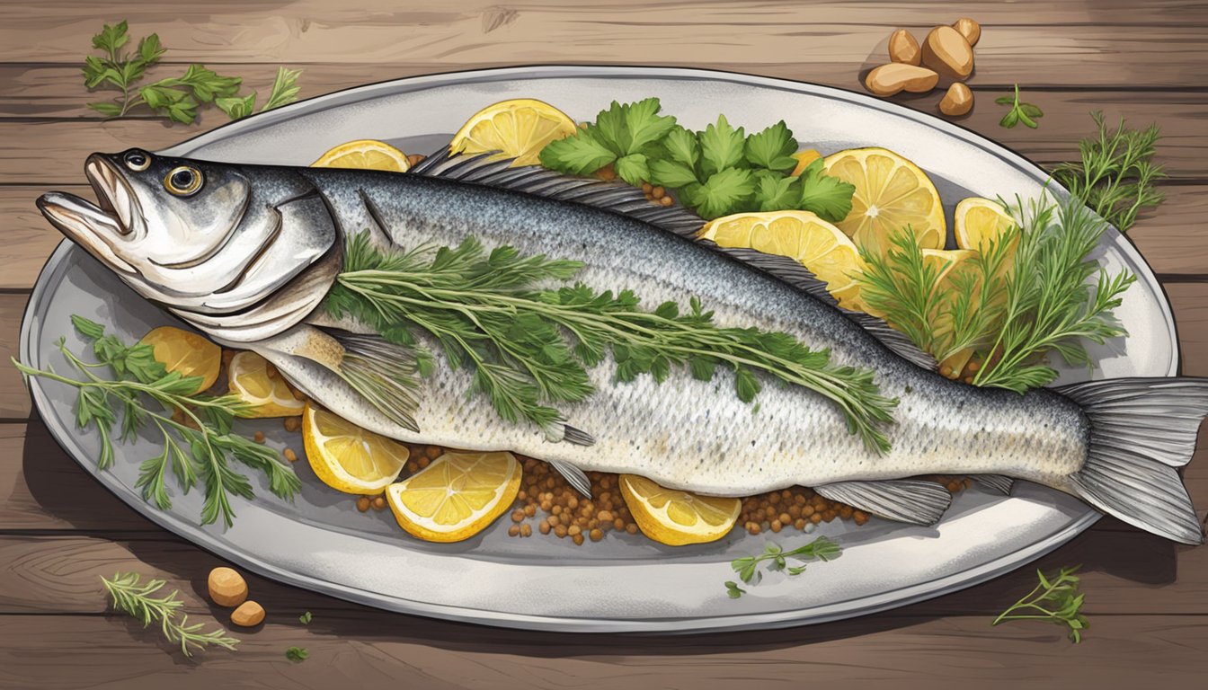 A whole baked sea bass surrounded by Texas-style seasonings and garnished with fresh herbs on a rustic serving platter