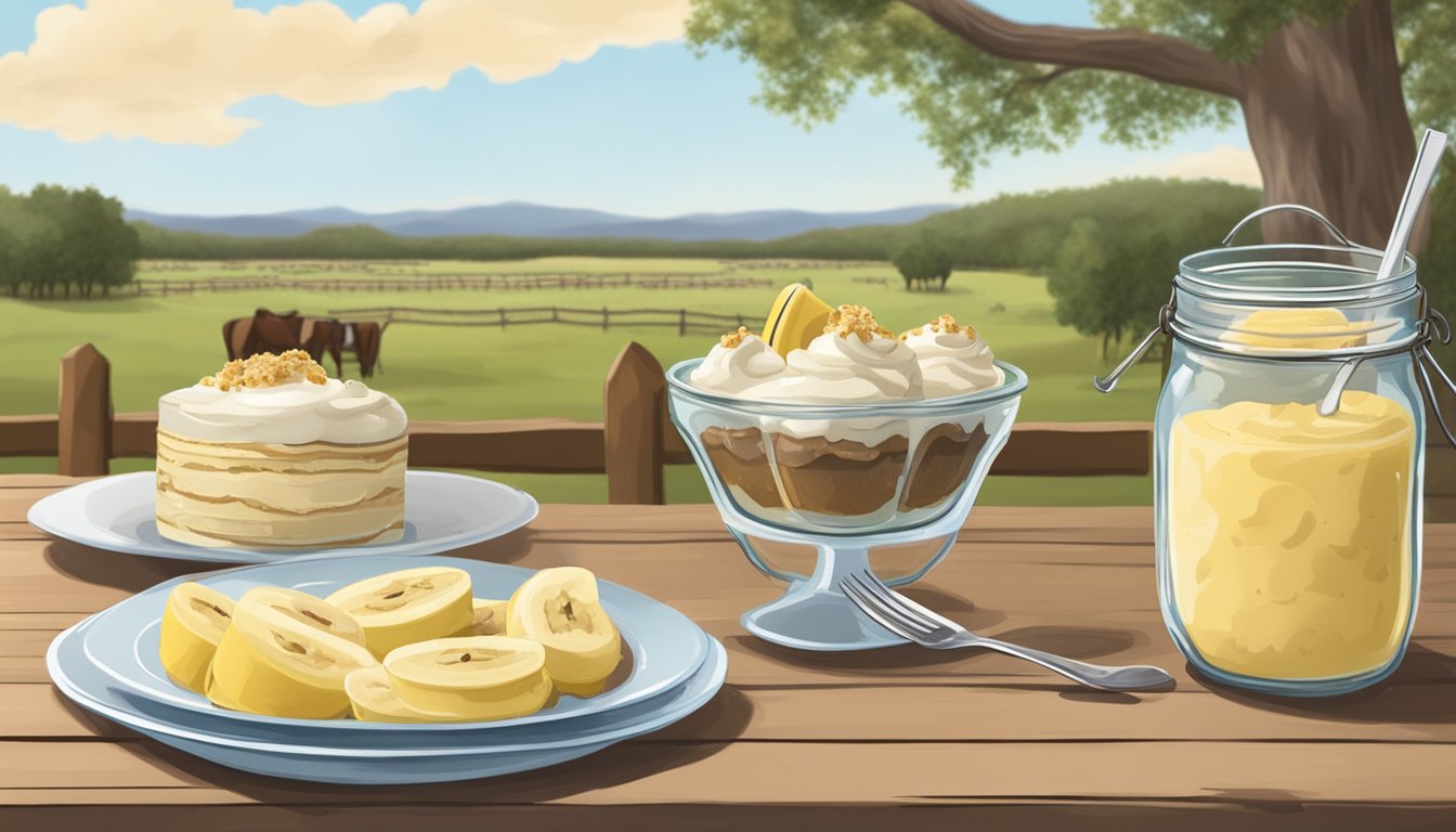 A rustic outdoor table set with mason jar desserts, a large bowl of homemade banana pudding, and a backdrop of a Texas ranch