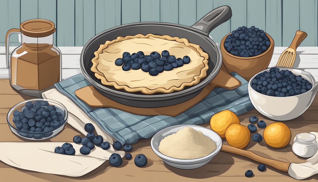 A rustic kitchen counter with ingredients and utensils for making blueberry pie dough