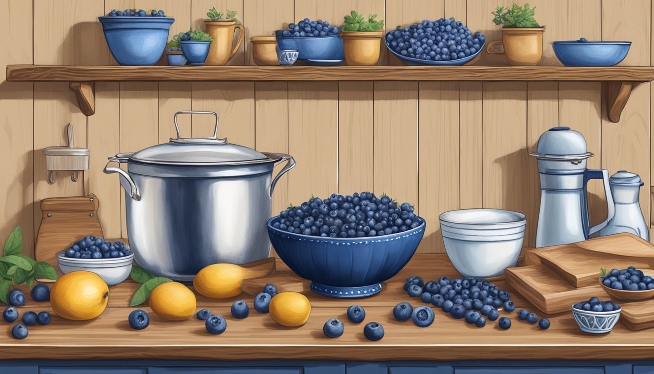 A rustic kitchen counter with fresh blueberries, a mixing bowl, and a rolling pin, surrounded by Texas-themed decor for the 4th of July