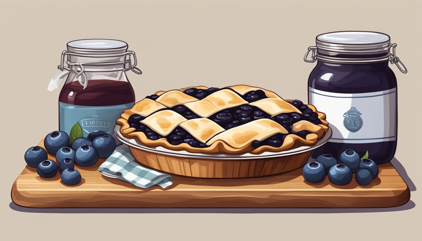 A rustic kitchen table with a freshly baked blueberry pie on a wooden cutting board, surrounded by jars of preserves and a checkered cloth