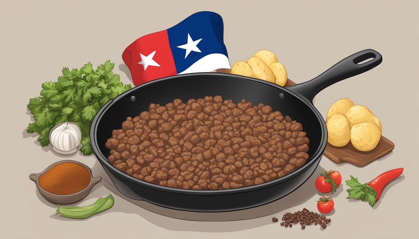 A steaming skillet filled with ground beef, diced potatoes, tomatoes, and spices, with a Texas flag apron hanging nearby