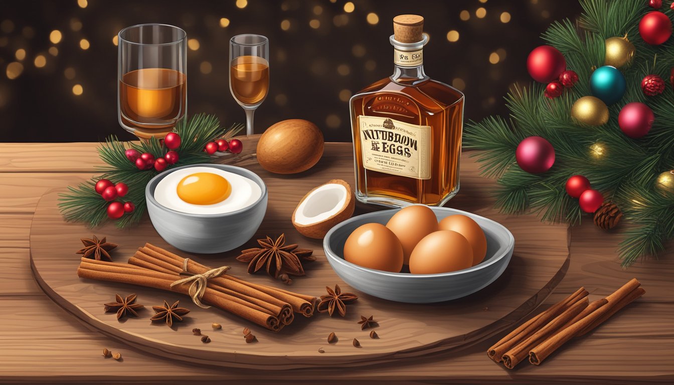 A rustic wooden table with a bottle of bourbon, nutmeg, cinnamon sticks, and a bowl of fresh eggs, all surrounded by festive holiday decorations