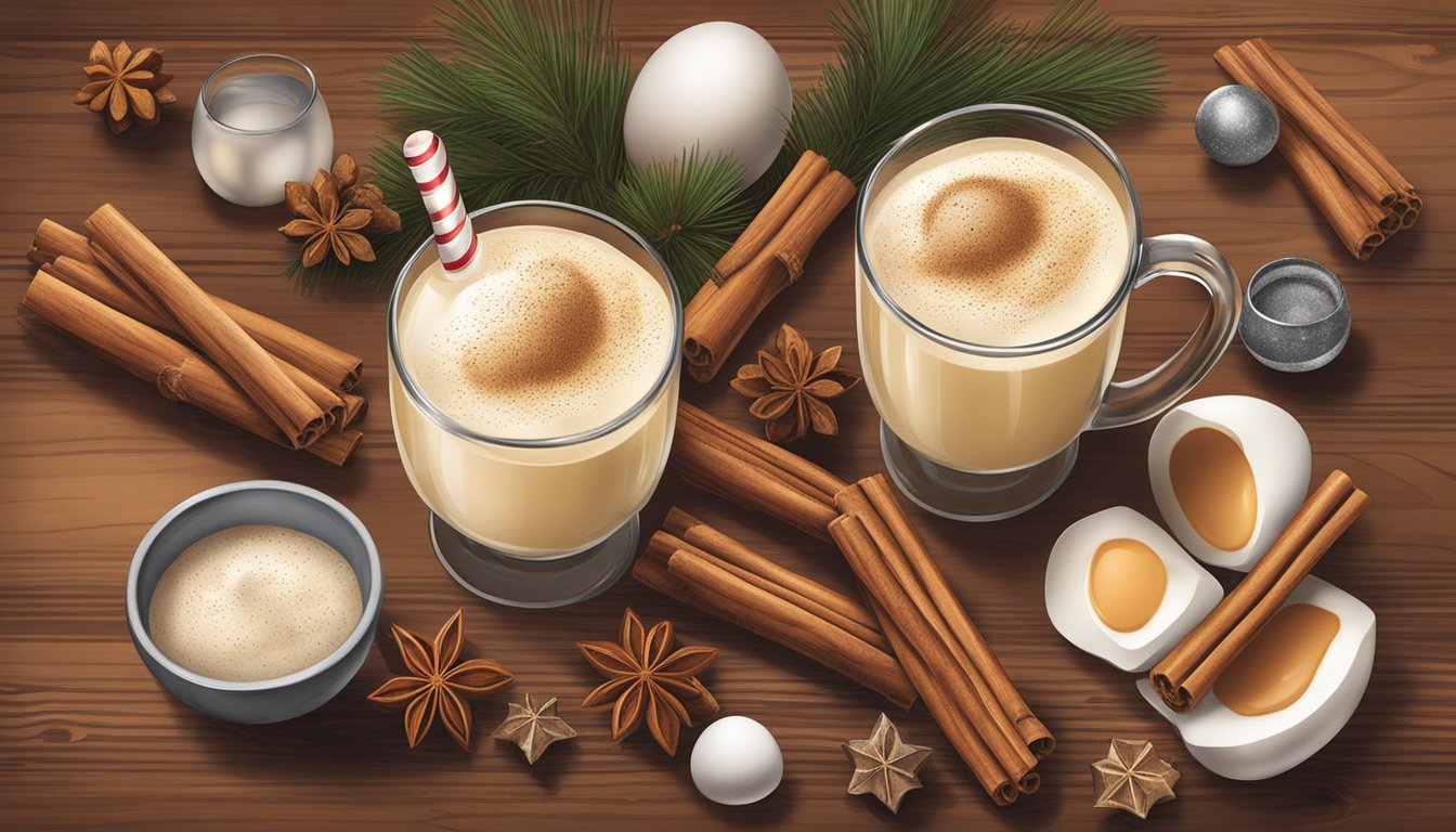 A rustic wooden table holds a Texas-style eggnog surrounded by festive decorations and ingredients, including cinnamon sticks, nutmeg, and whiskey