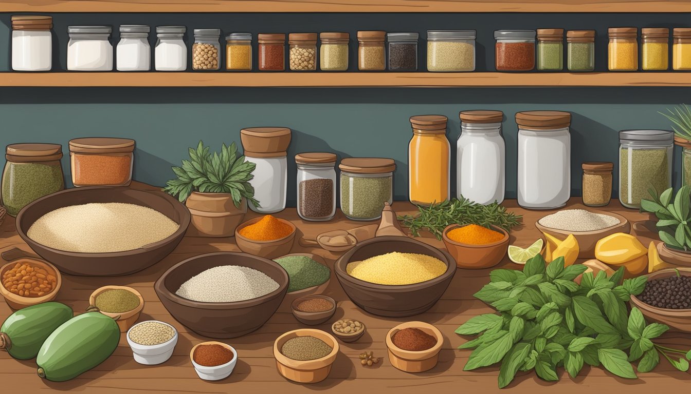 A rustic kitchen counter with various spices, herbs, and ingredients laid out for making the perfect Texas-style Mexican picadillo seasoning blend